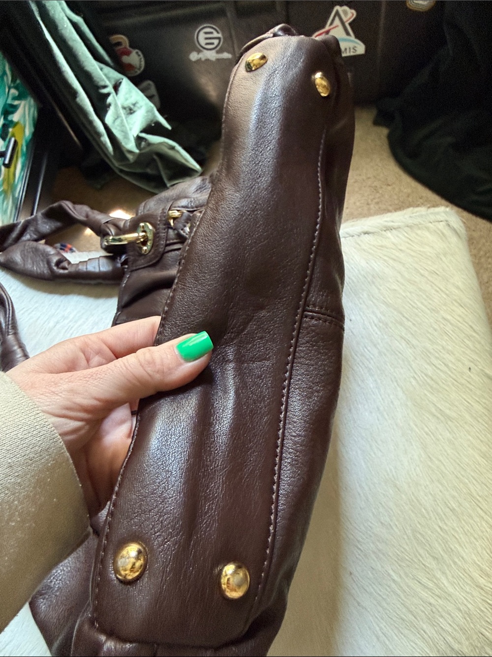 b. makowsky Dark Brown Leather Shoulder Tote with Gold Hardware - Picture 3 of 10